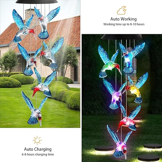 Hummingbird Wind Chimes Solar Wind Chimes Outdoor Color Changing Light Up Wind Chimes Solar