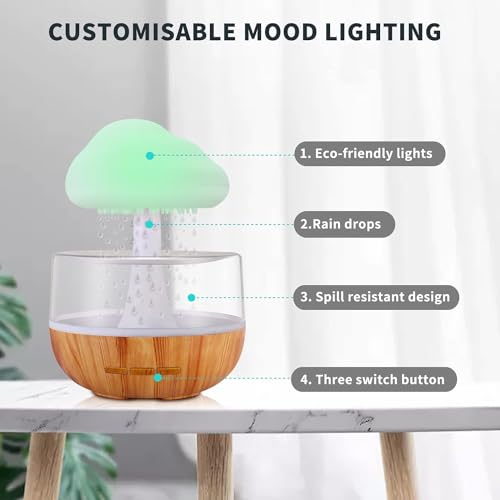 Rain Cloud Humidifier | Essential Oil Diffuser Humidifier Desk Fountain Bedside Sleeping Relaxing Mood Water Drop Sound with Pack of 2 Aroma Oil