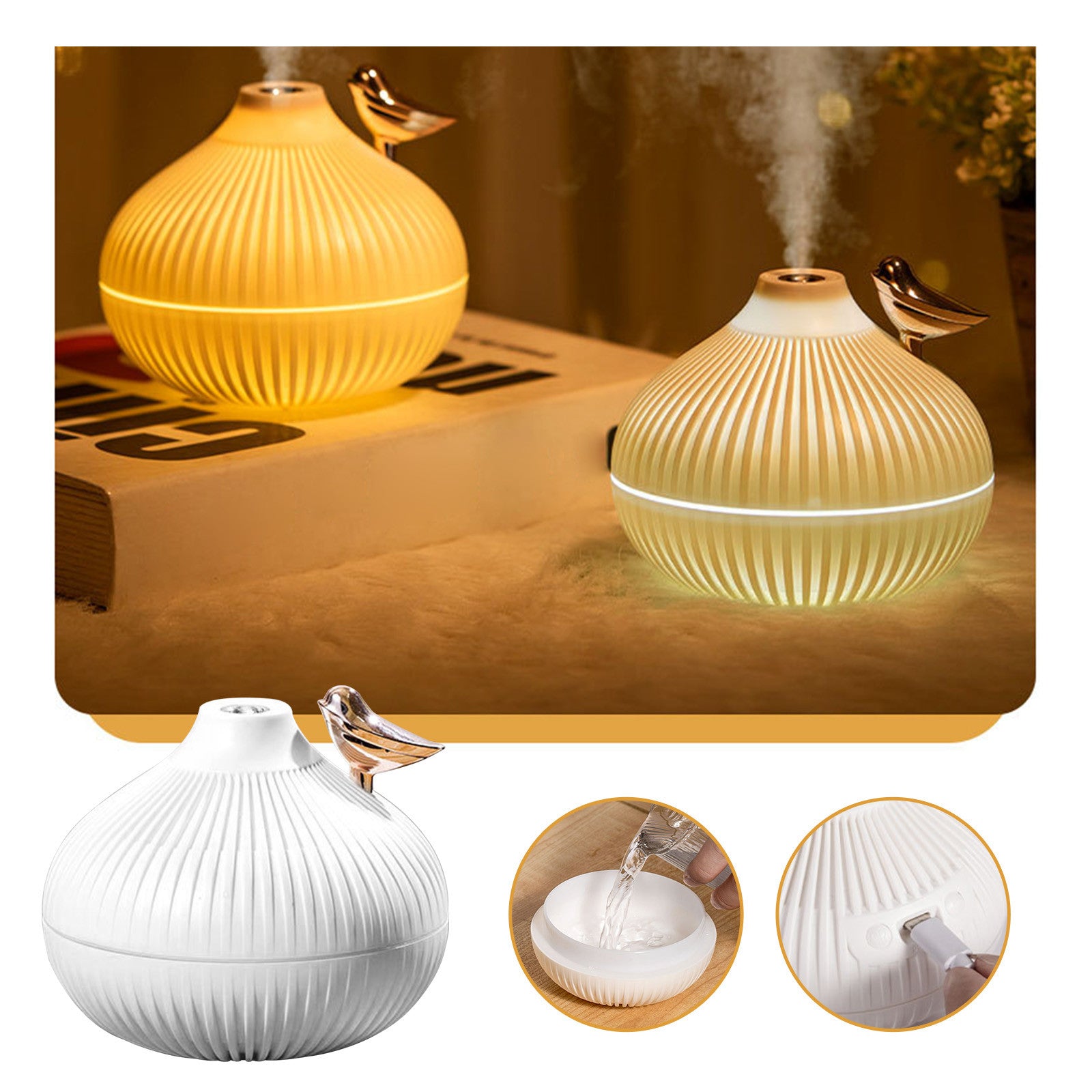 Vintage Humidifier Silent Humidification Two-position Spray USB Humidifier With Sleep Tricolor Temperature Night with pack of 2 Aroma Oil