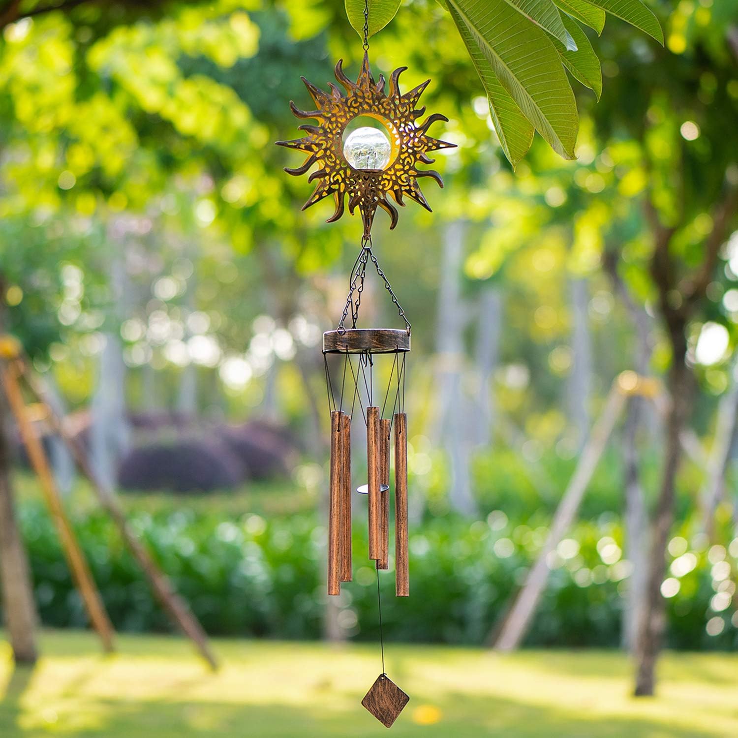 Solar Wind Chimes, Sun Wind Chime Crackle Glass Ball Warm LED Light, Outside Hanging Outdoor Decor with Metal Tubes