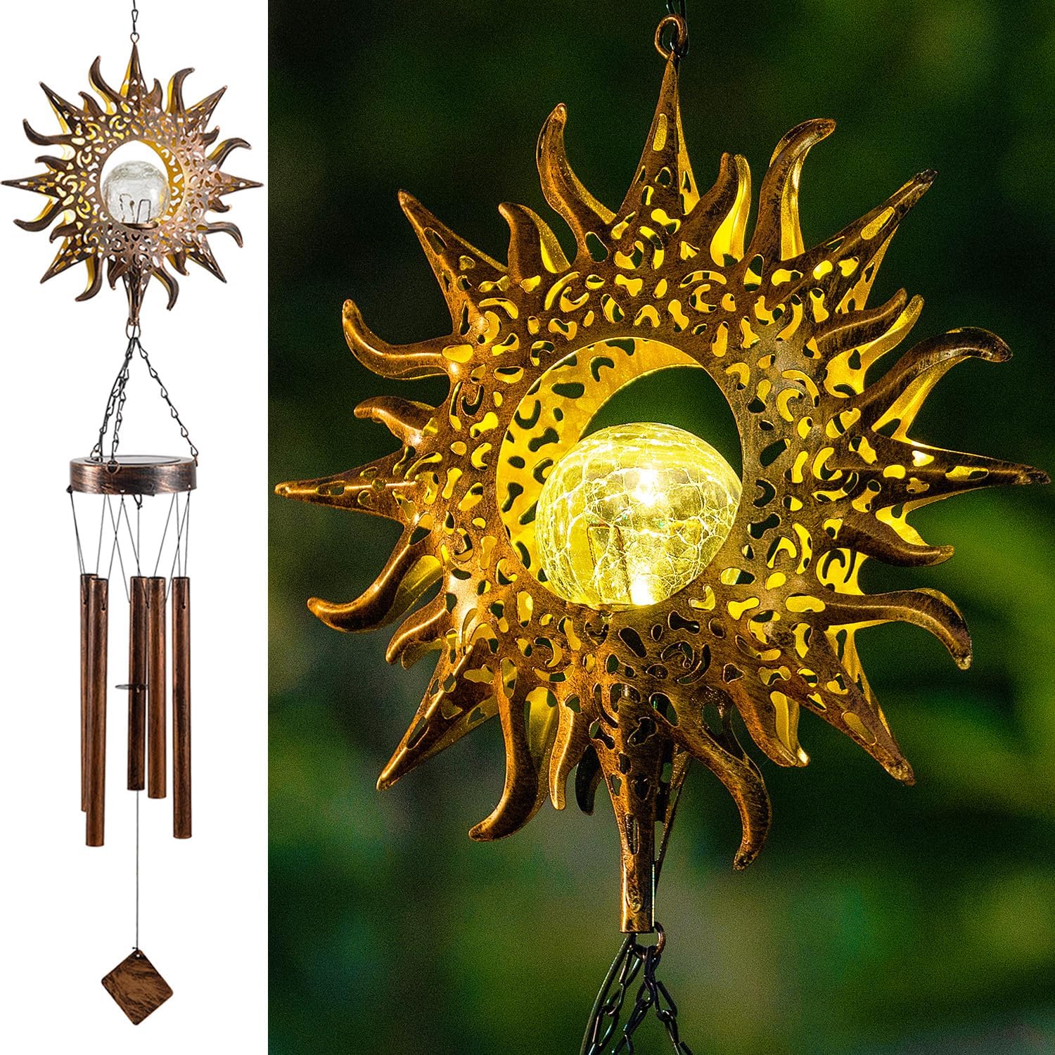 Solar Wind Chimes, Sun Wind Chime Crackle Glass Ball Warm LED Light, Outside Hanging Outdoor Decor with Metal Tubes