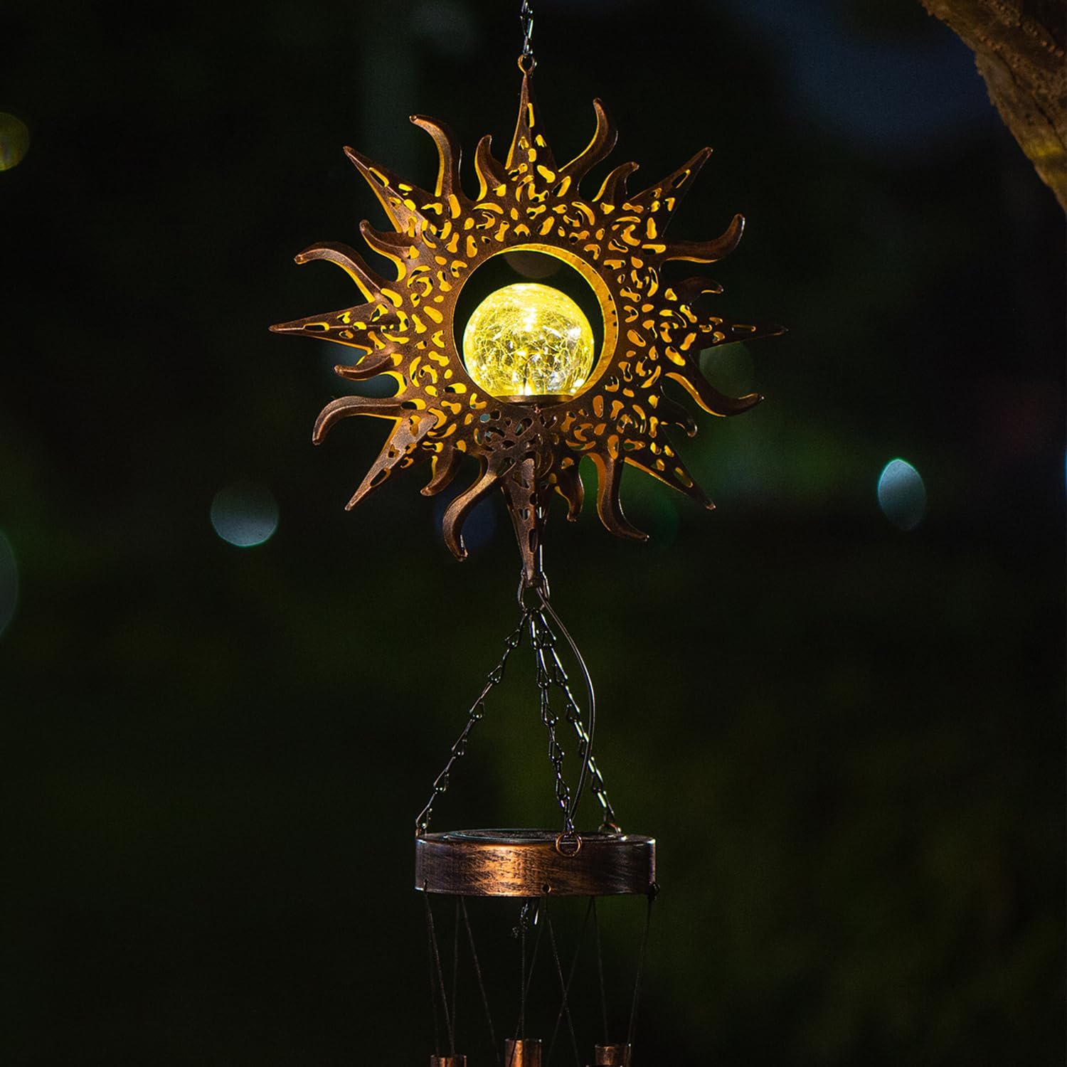 Solar Wind Chimes, Sun Wind Chime Crackle Glass Ball Warm LED Light, Outside Hanging Outdoor Decor with Metal Tubes