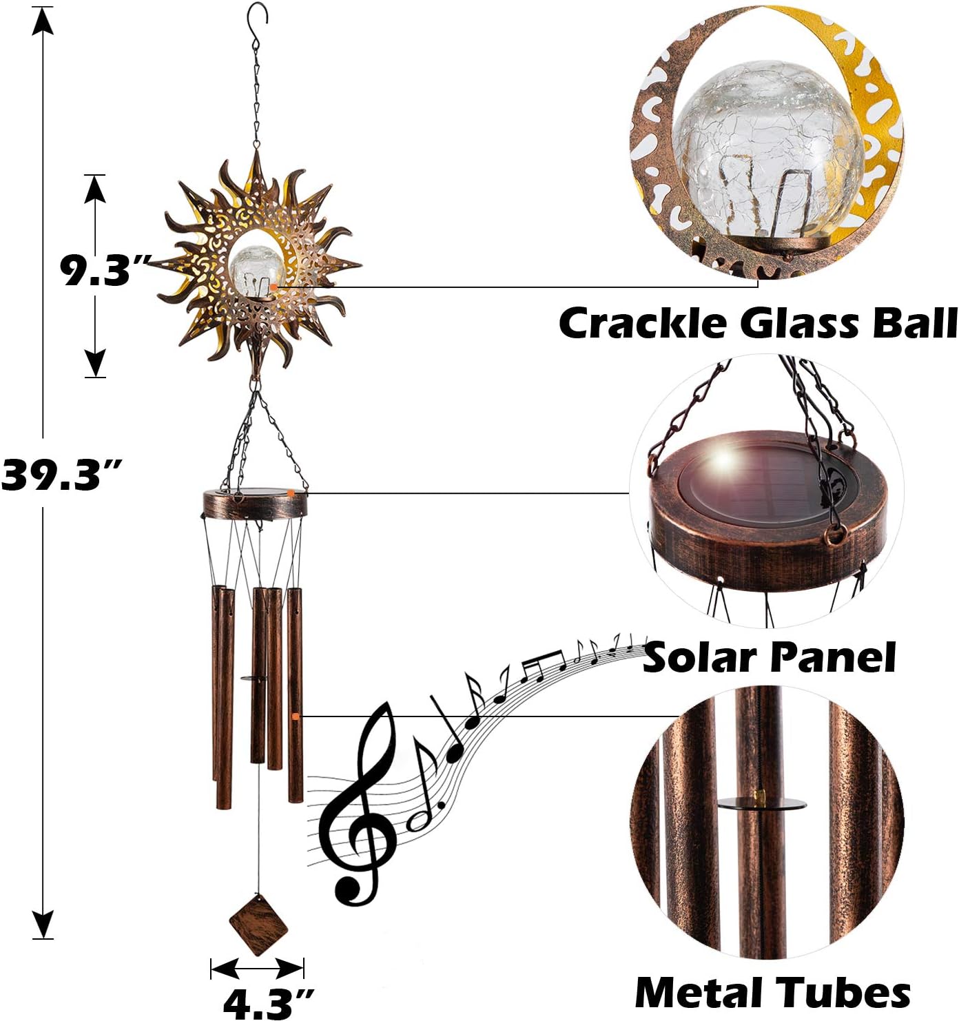 Solar Wind Chimes, Sun Wind Chime Crackle Glass Ball Warm LED Light, Outside Hanging Outdoor Decor with Metal Tubes